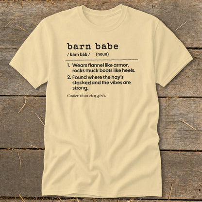 Cream t-shirt with "barn babe" definition and humorous text.