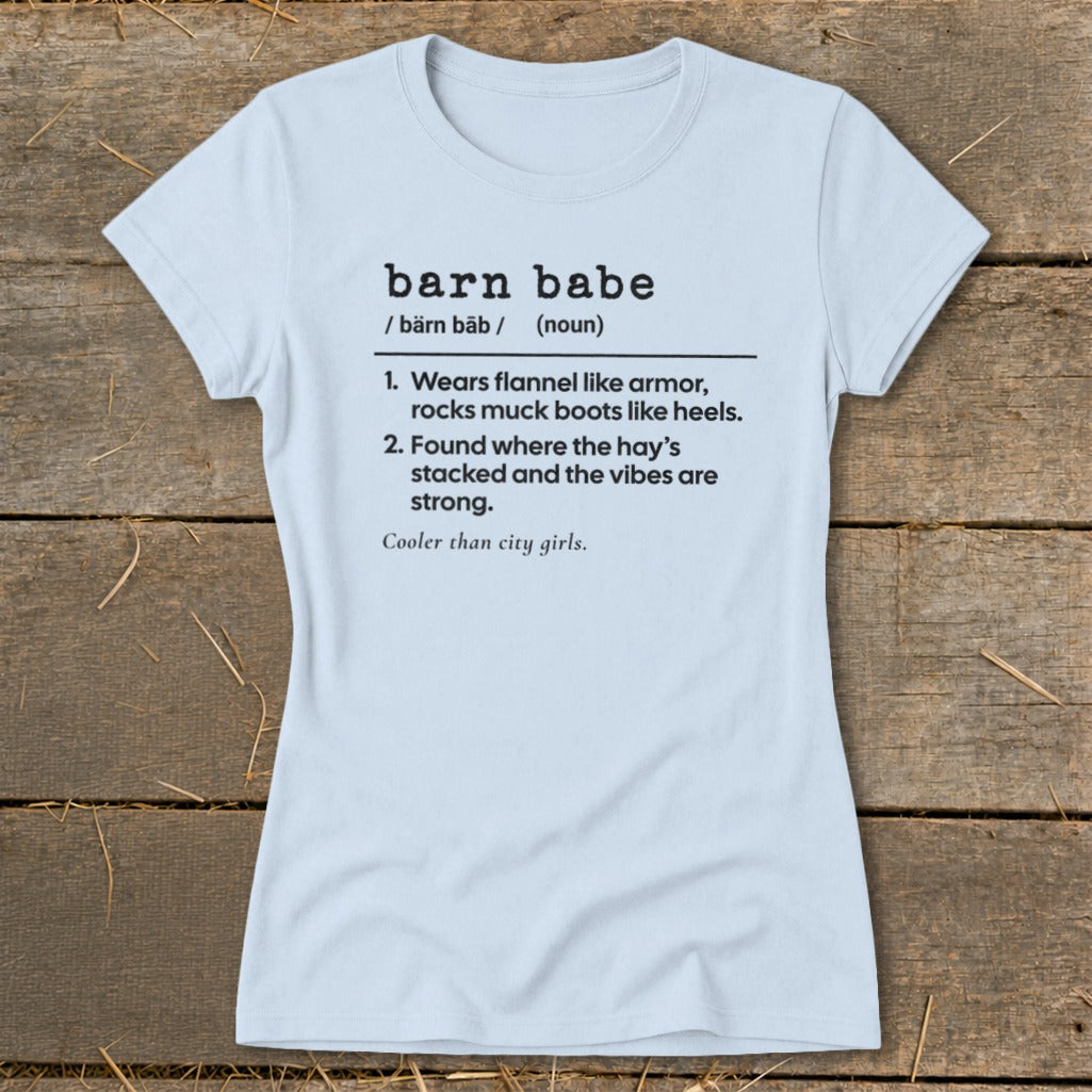 Light blue t-shirt with "barn babe" definition in black text.