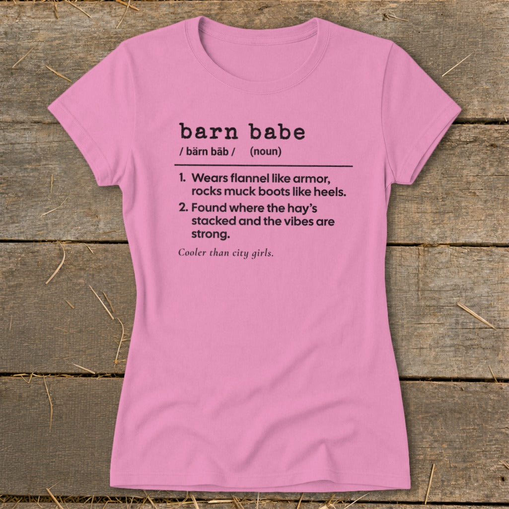 Pink t-shirt with "barn babe" definition and funny farmhouse sayings.