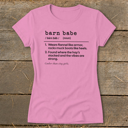 Pink t-shirt with "barn babe" definition and funny farmhouse sayings.