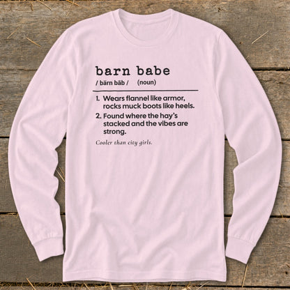Pink long-sleeved shirt with "barn babe" definition and humorous sayings.