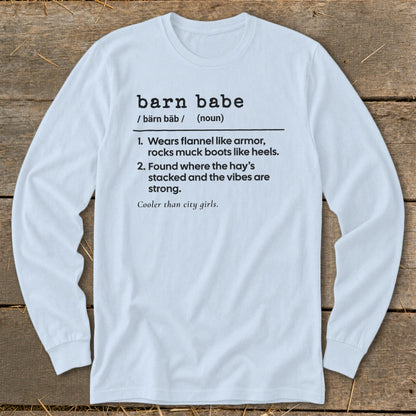 Light blue long-sleeve shirt with "barn babe" definition and humorous descriptions.