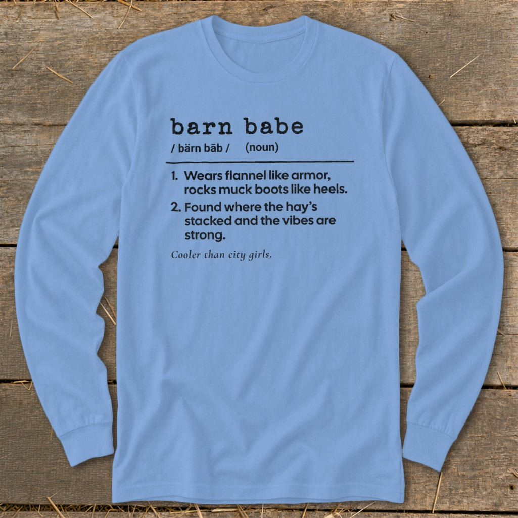 Light blue long sleeve shirt with "barn babe" definition and definitions.
