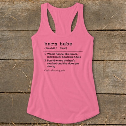 Pink tank top with "barn babe" definition and dictionary-style entries.