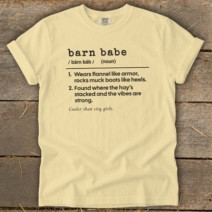 Light yellow t-shirt with "barn babe" definition printed in black text.