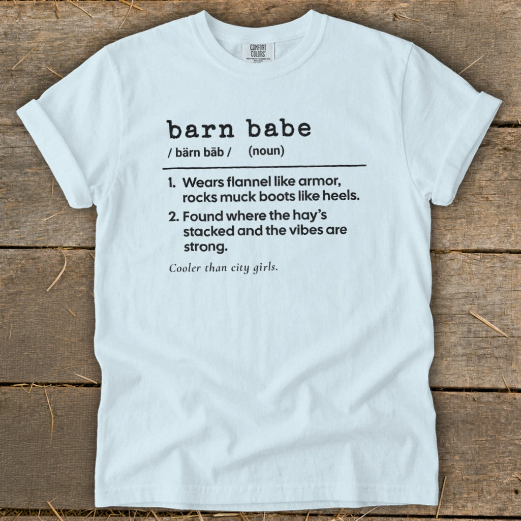 White t-shirt with "barn babe" definition printed in black text.
