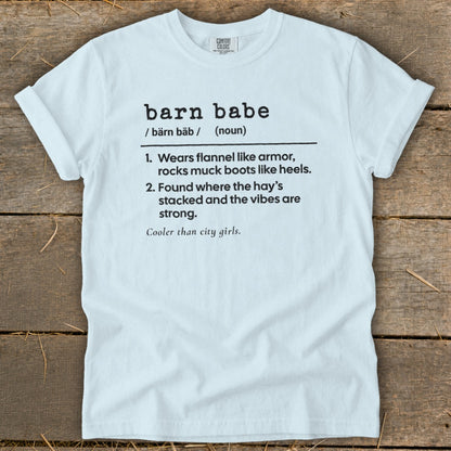 White t-shirt with "barn babe" definition printed in black text.