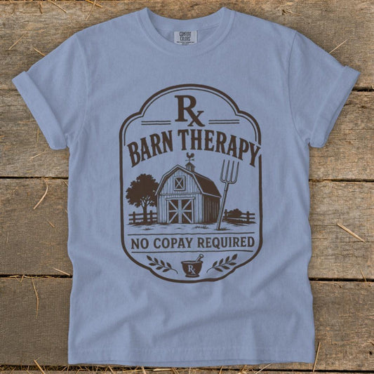 Light blue t-shirt with "Barn Therapy No Copay Required" graphic featuring a barn and pitchfork.