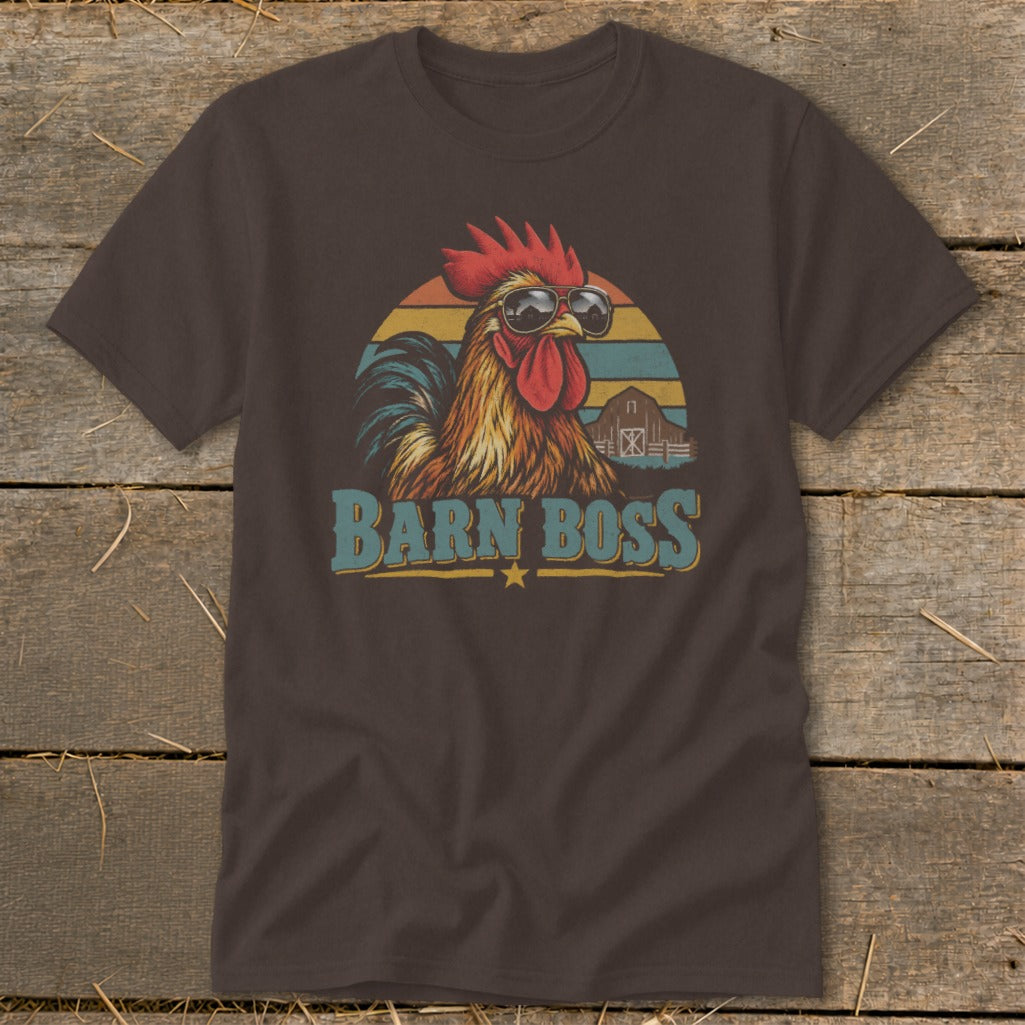 Dark brown t-shirt featuring a retro graphic of a rooster wearing sunglasses with the text Barn Boss.
