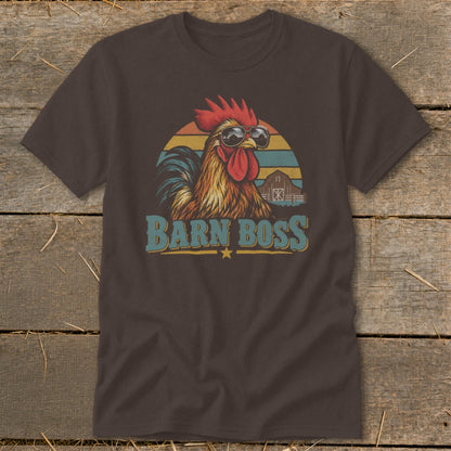 Dark brown t-shirt featuring a retro graphic of a rooster wearing sunglasses with the text Barn Boss.