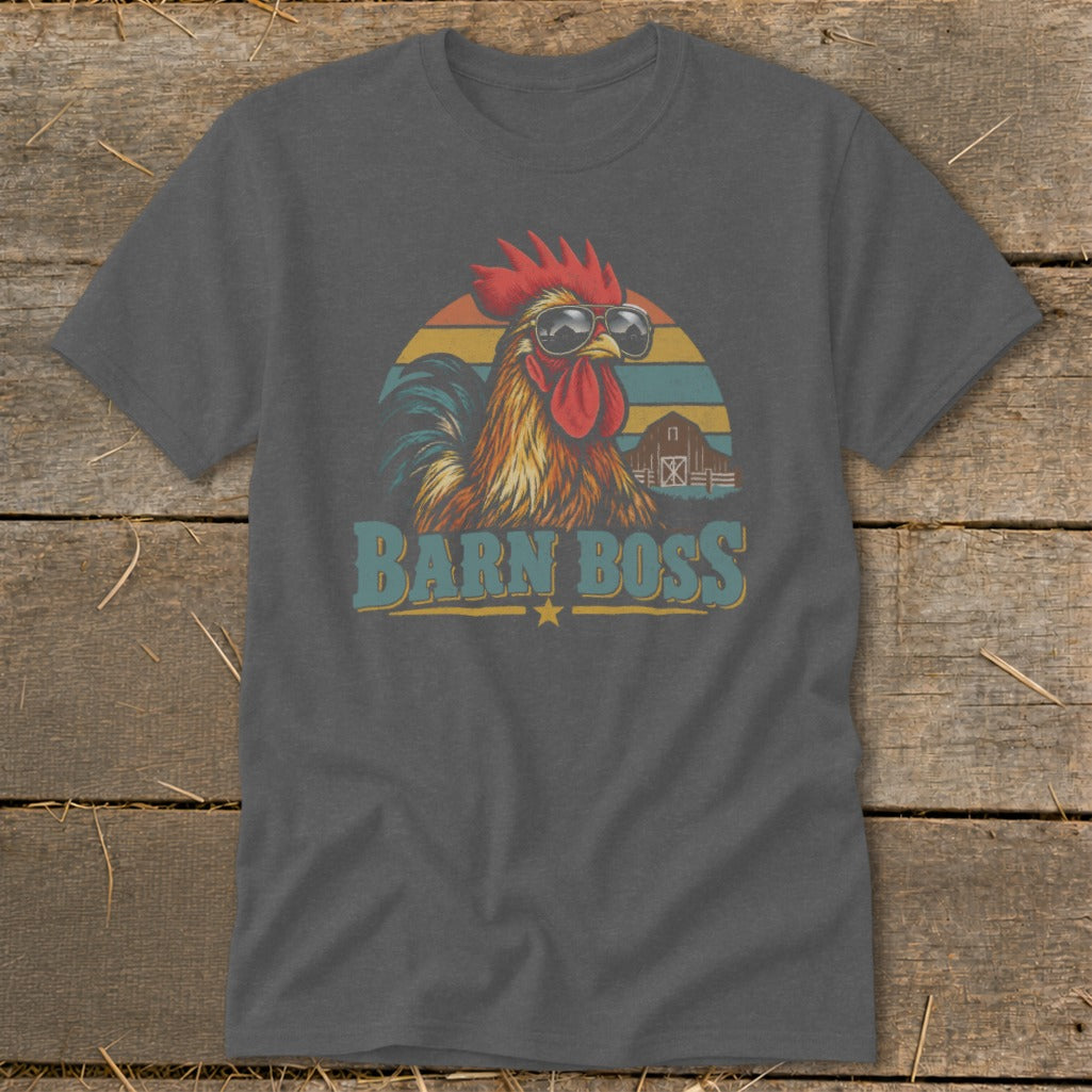 Dark gray crewneck t-shirt featuring a retro graphic of a rooster wearing sunglasses with the text BARN BOSS.