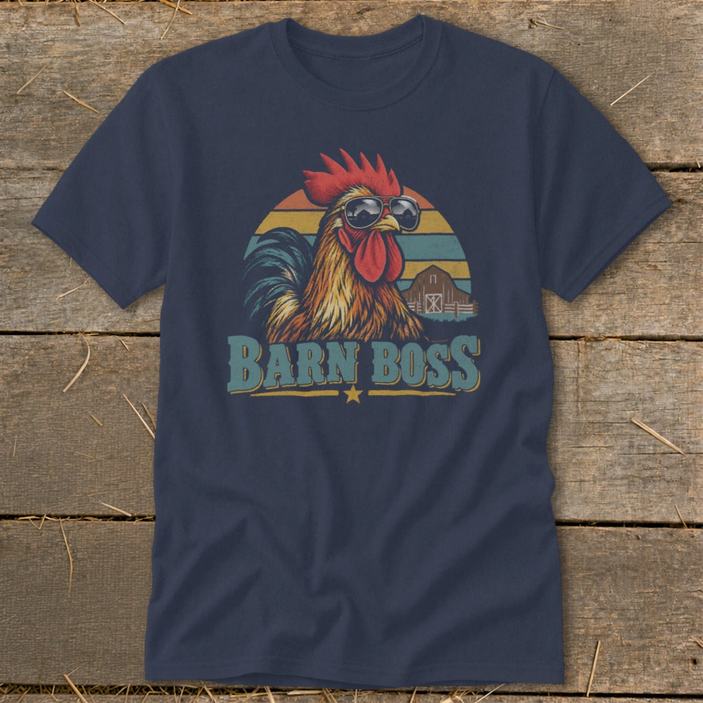 Dark blue crewneck t-shirt featuring a retro rooster wearing sunglasses with the text BARN BOSS.