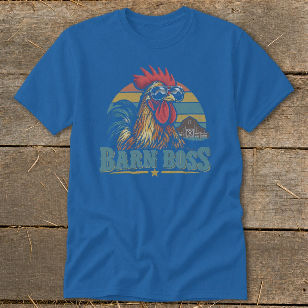 Blue t-shirt featuring a retro rooster wearing sunglasses with the text BARN BOSS over a wooden background.