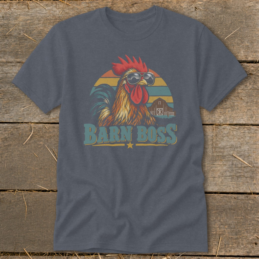 Charcoal t-shirt featuring a retro graphic of a rooster wearing sunglasses, with a barn and the text BARN BOSS.