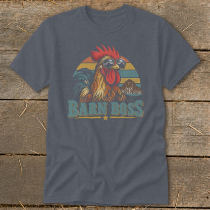 Charcoal t-shirt featuring a retro graphic of a rooster wearing sunglasses, with a barn and the text BARN BOSS.