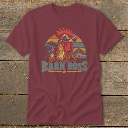 Maroon t-shirt featuring a graphic of a rooster wearing sunglasses with the text Barn Boss.