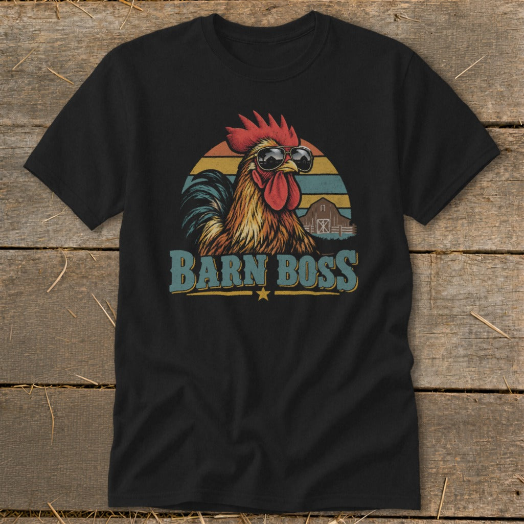 Black t-shirt featuring a retro graphic of a rooster wearing sunglasses, a barn, and the text Barn Boss.