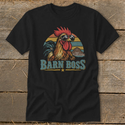 Black t-shirt featuring a retro graphic of a rooster wearing sunglasses, a barn, and the text Barn Boss.