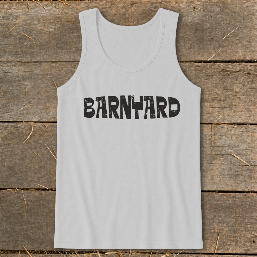 A grey tank top with the word "BARNYARD" printed in black across the chest.