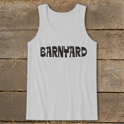 A grey tank top with the word "BARNYARD" printed in black across the chest.