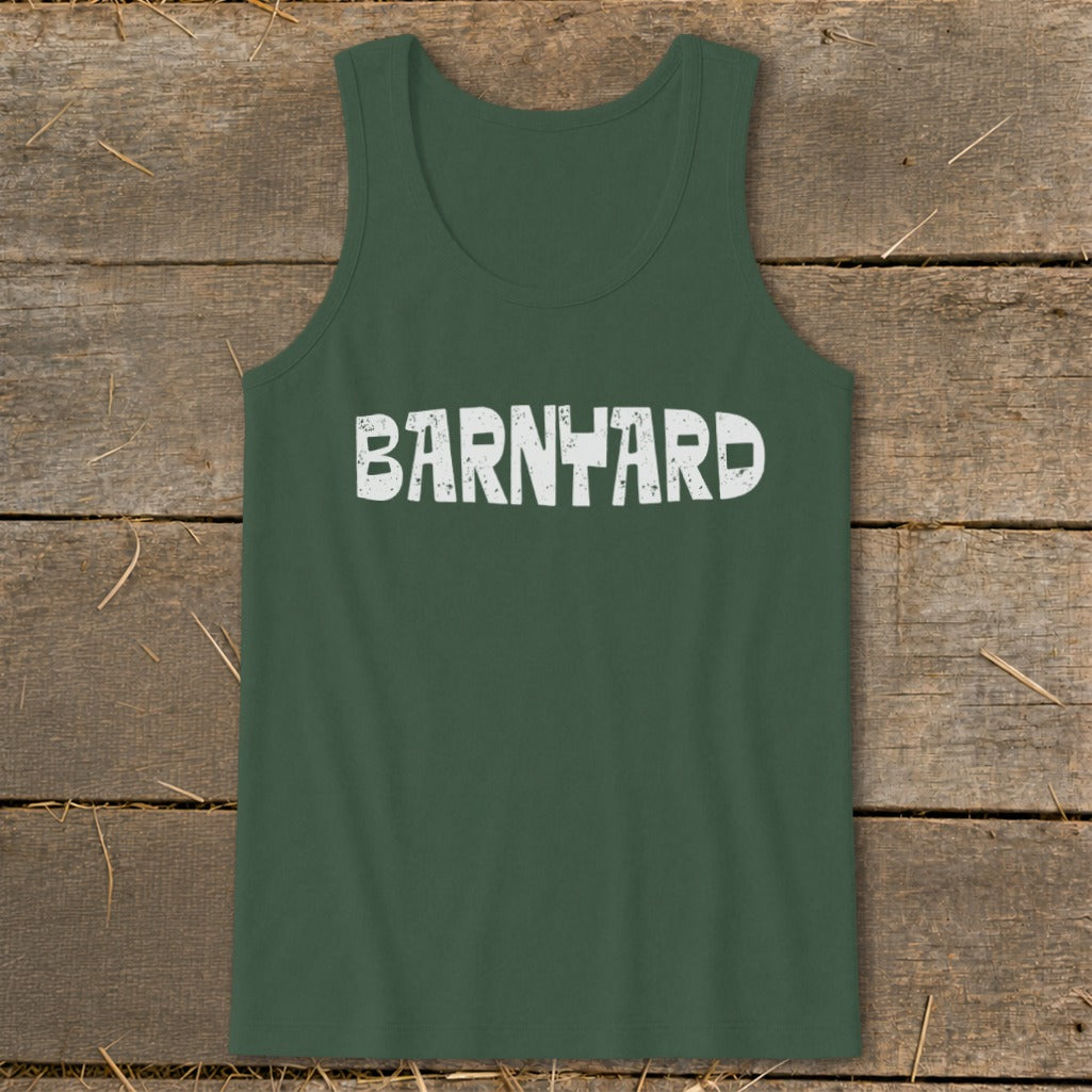Dark green tank top featuring the white distressed text BARNYARD centered on the chest against a wooden background.