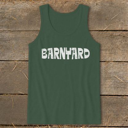 Dark green tank top featuring the white distressed text BARNYARD centered on the chest against a wooden background.