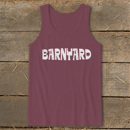 Maroon tank top featuring distressed white text that reads BARNYARD centered on a wooden surface.