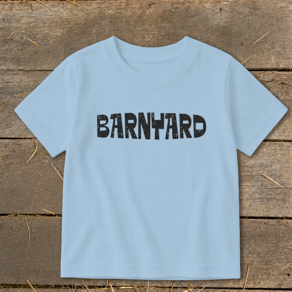 A light blue short-sleeved toddler t-shirt featuring the word BARNYARD printed in distressed black font across the chest.