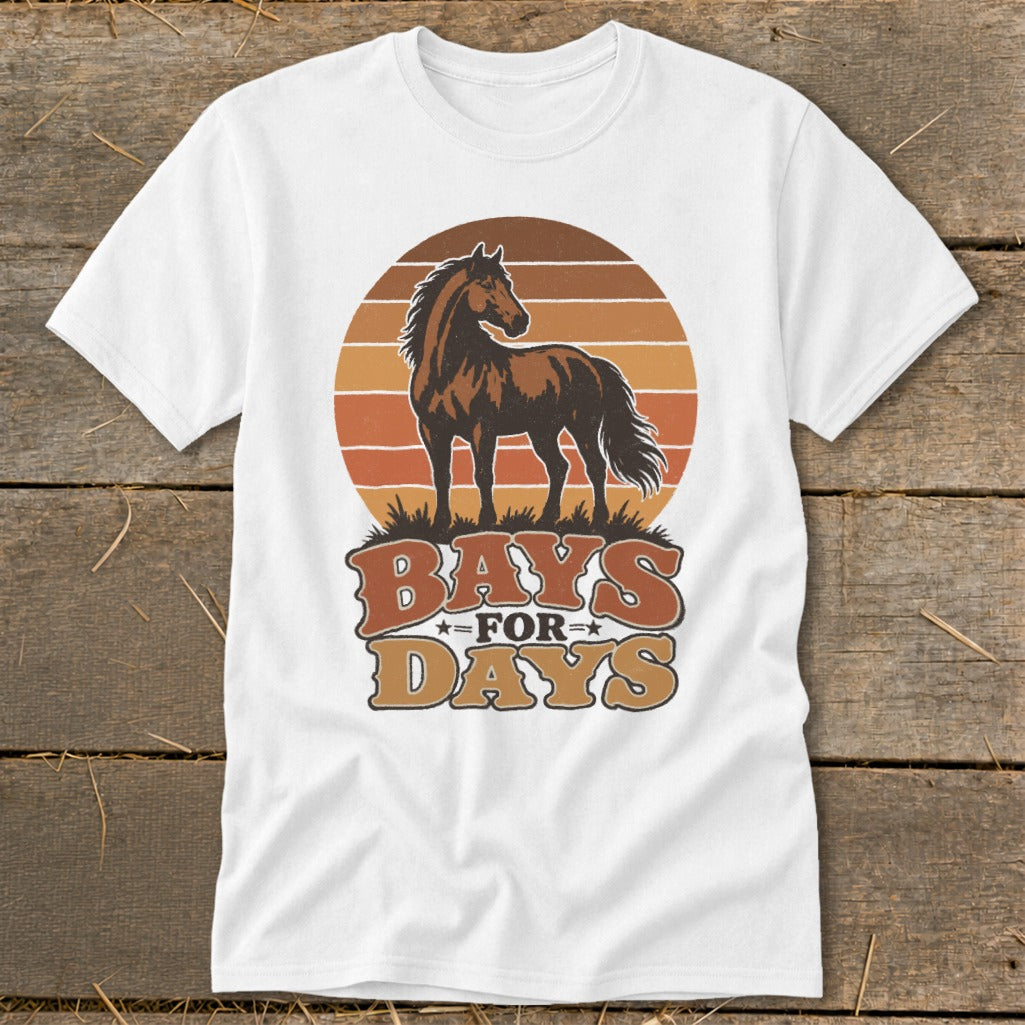 A white crewneck t-shirt featuring a retro graphic of a brown horse standing in front of a striped sunset and the text "Bays for Days".