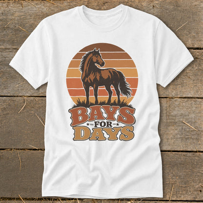 A white crewneck t-shirt featuring a retro graphic of a brown horse standing in front of a striped sunset and the text "Bays for Days".