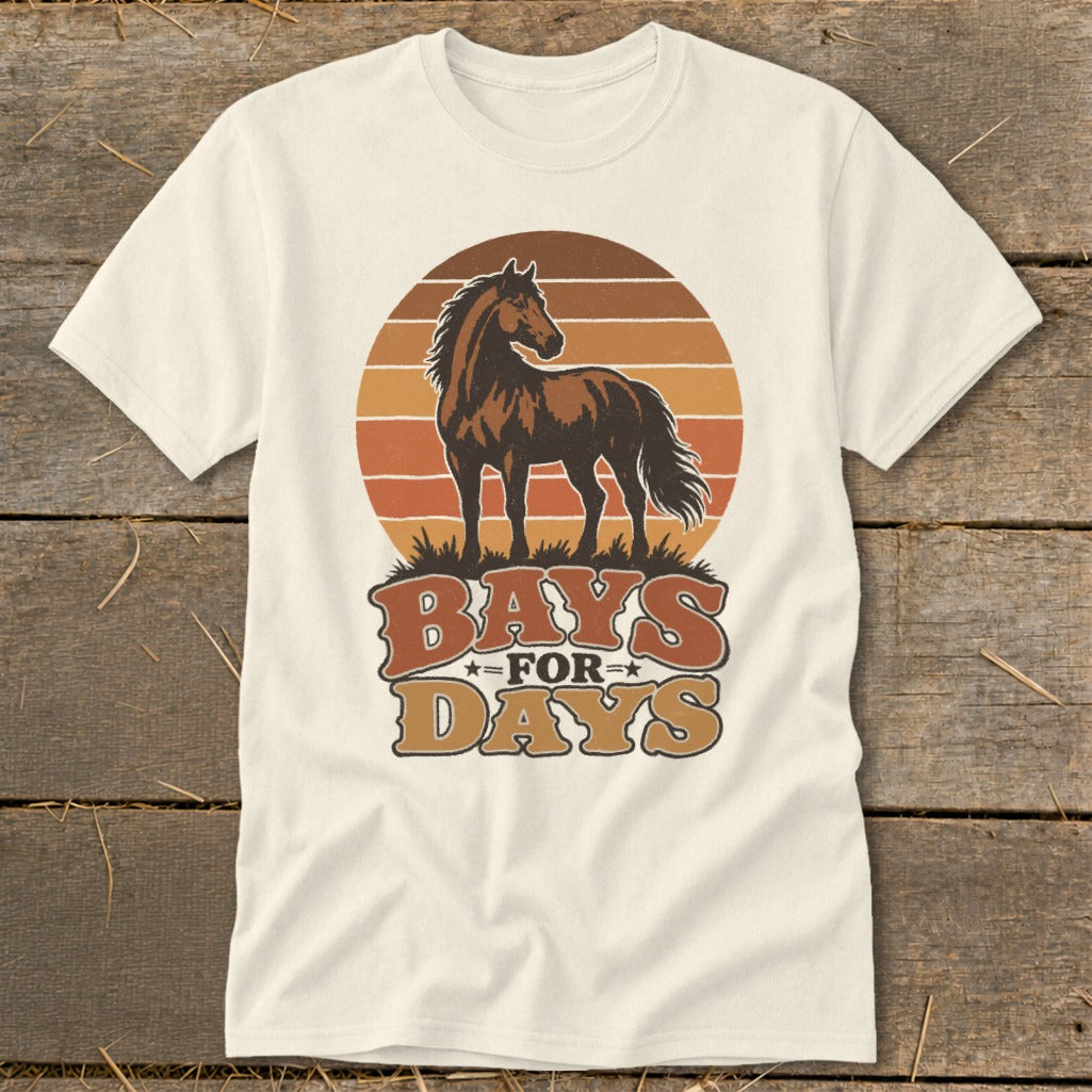 Off-white t-shirt featuring a retro graphic of a brown horse standing in front of a striped sunset and the text Bays for Days.