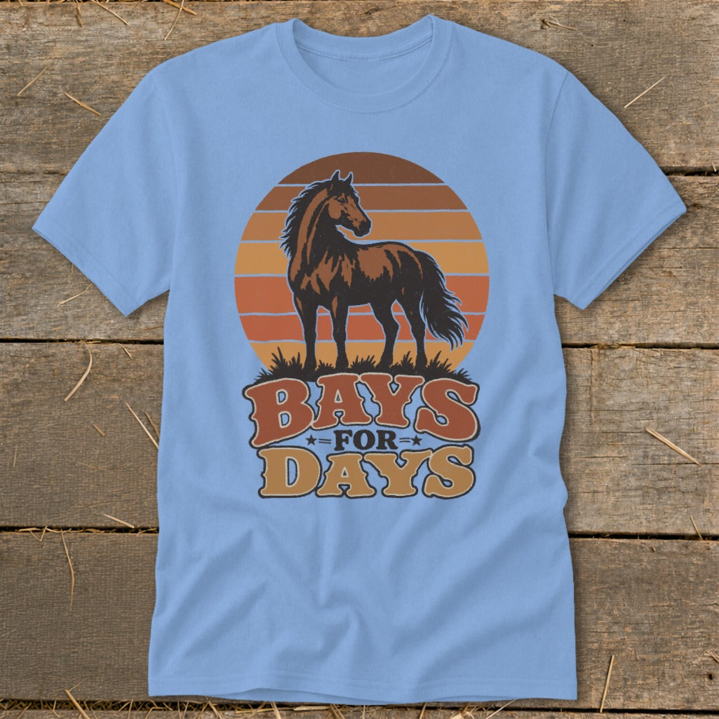 Light blue t-shirt featuring a retro horse graphic with a sunset and the text Bays For Days.