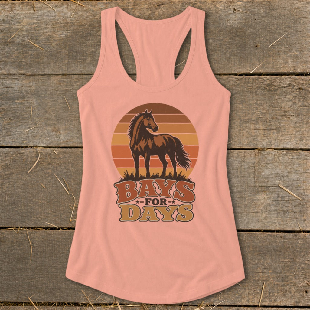 Peach-colored women's racerback tank top featuring a brown horse graphic and text reading "BAYS FOR DAYS".