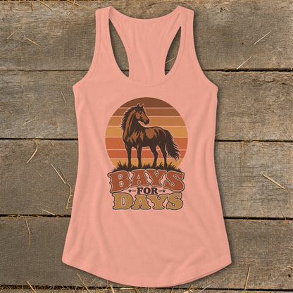 Peach-colored women's racerback tank top featuring a brown horse graphic and text reading "BAYS FOR DAYS".