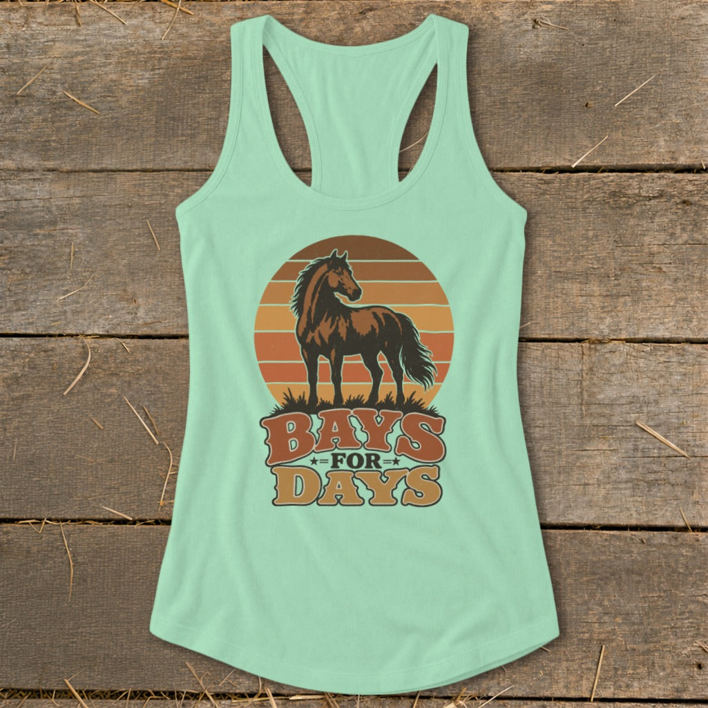 Mint green racerback tank top featuring a graphic of a brown horse and text reading BAYS FOR DAYS.