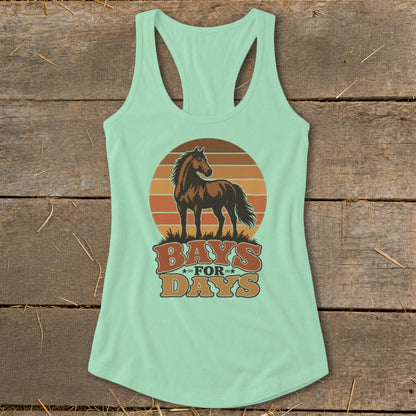 Mint green racerback tank top featuring a graphic of a brown horse and text reading BAYS FOR DAYS.