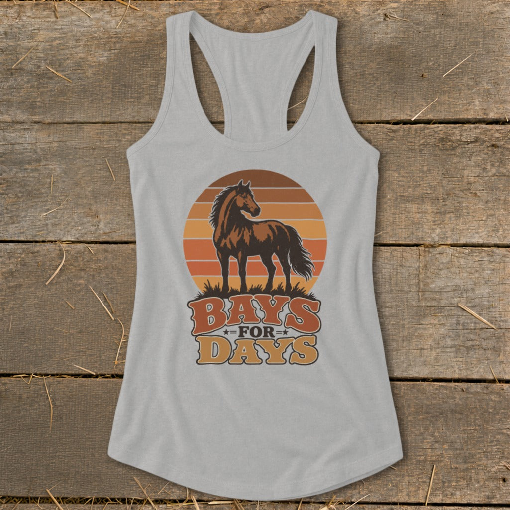 Gray racerback tank top with a brown horse graphic over a sunset and the text Bays For Days.