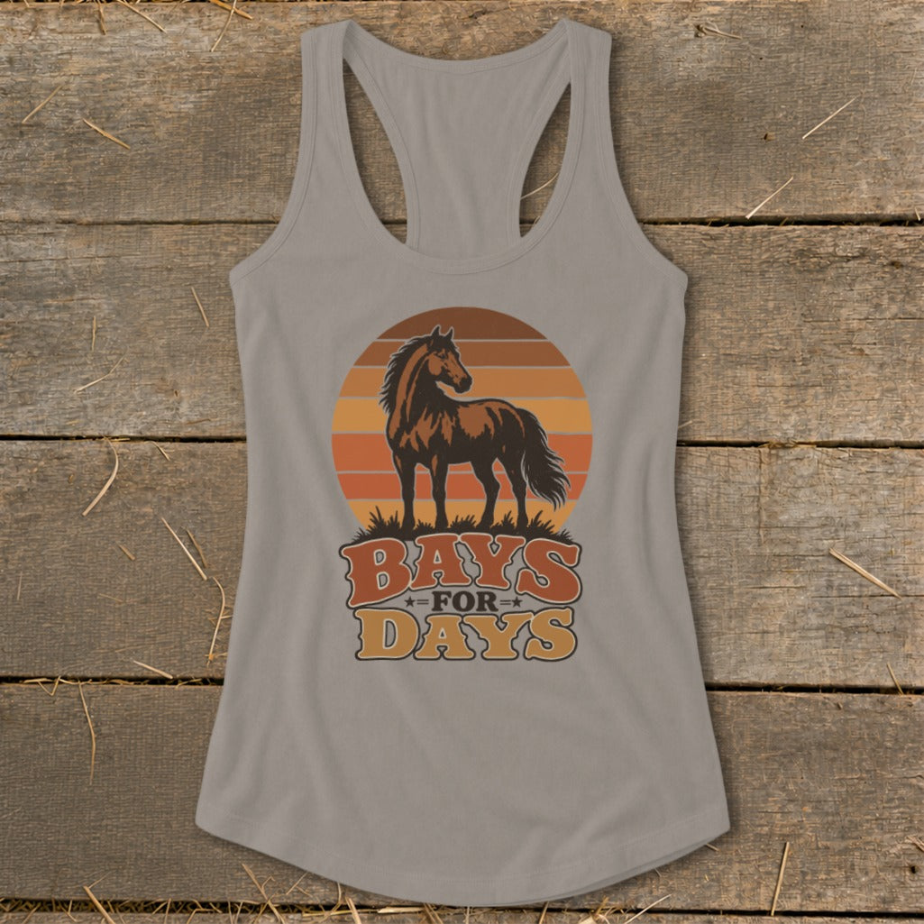 A gray women's racerback tank top featuring a retro horse graphic with sunset stripes and the text Bays For Days.