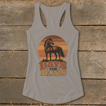 A gray women's racerback tank top featuring a retro horse graphic with sunset stripes and the text Bays For Days.