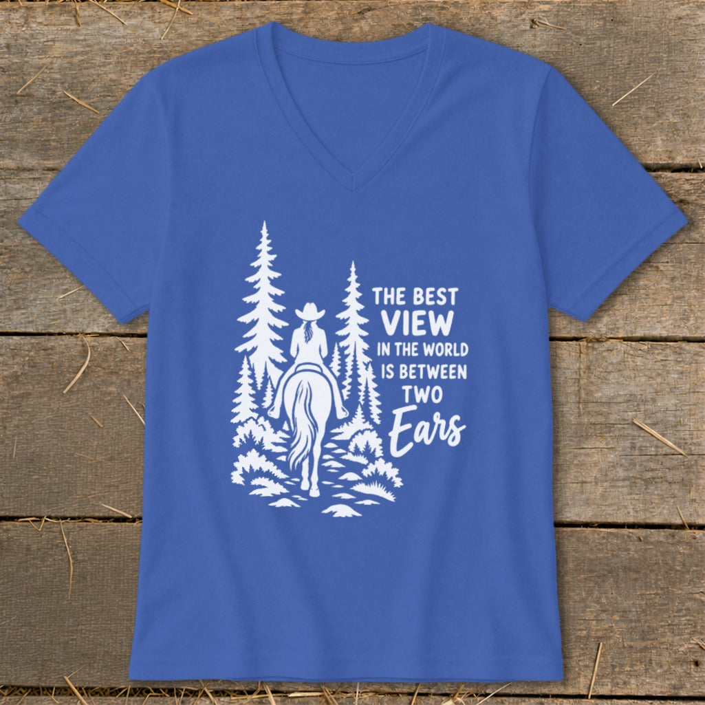 Blue V-neck t-shirt featuring a white graphic of a horseback rider in the woods and the text The Best View in the World is Between Two Ears.