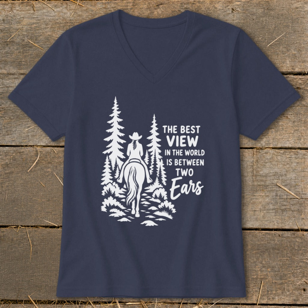 Navy blue V-neck T-shirt featuring a white graphic of a horseback rider and trees with text.