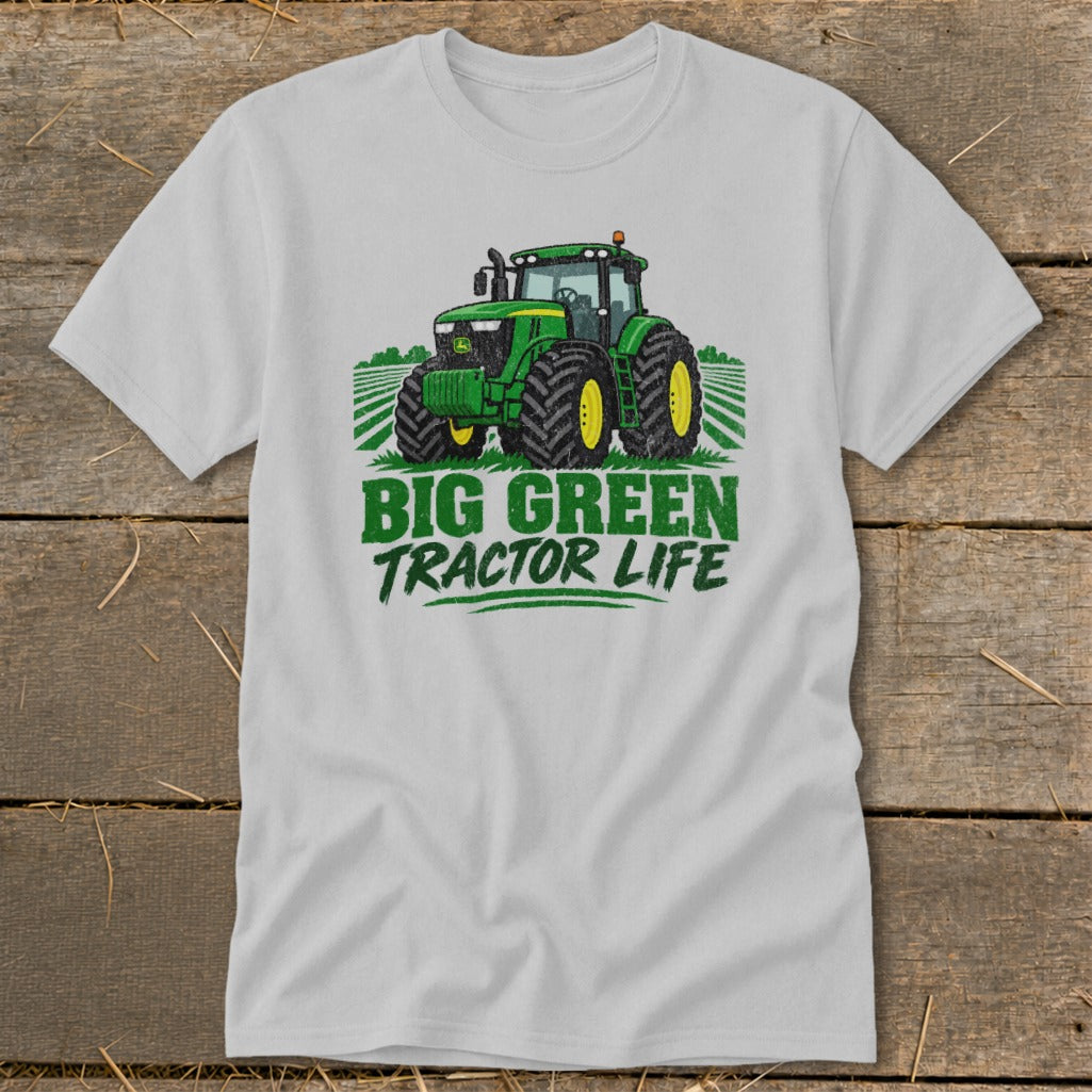 Green tractor graphic with text "BIG GREEN TRACTOR LIFE" on a light grey t-shirt.