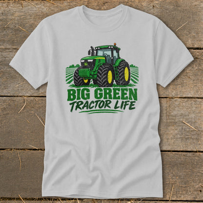 Green tractor graphic with text "BIG GREEN TRACTOR LIFE" on a light grey t-shirt.