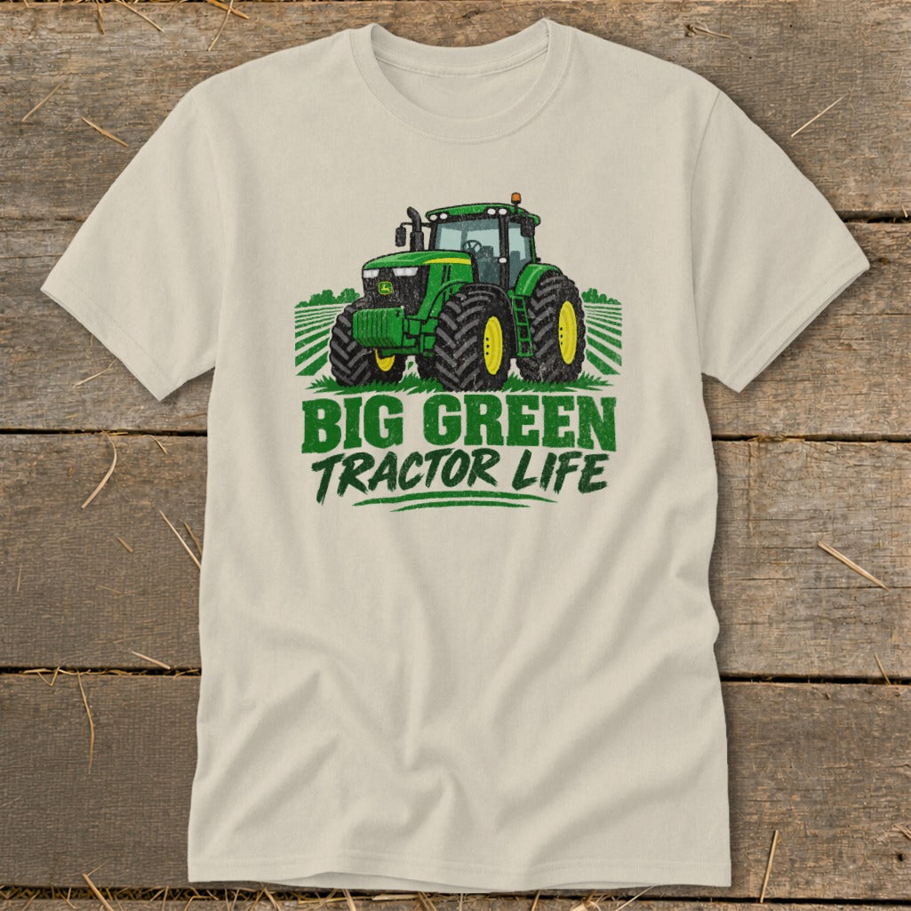Light cream t-shirt with a green tractor graphic and "BIG GREEN TRACTOR LIFE" text.