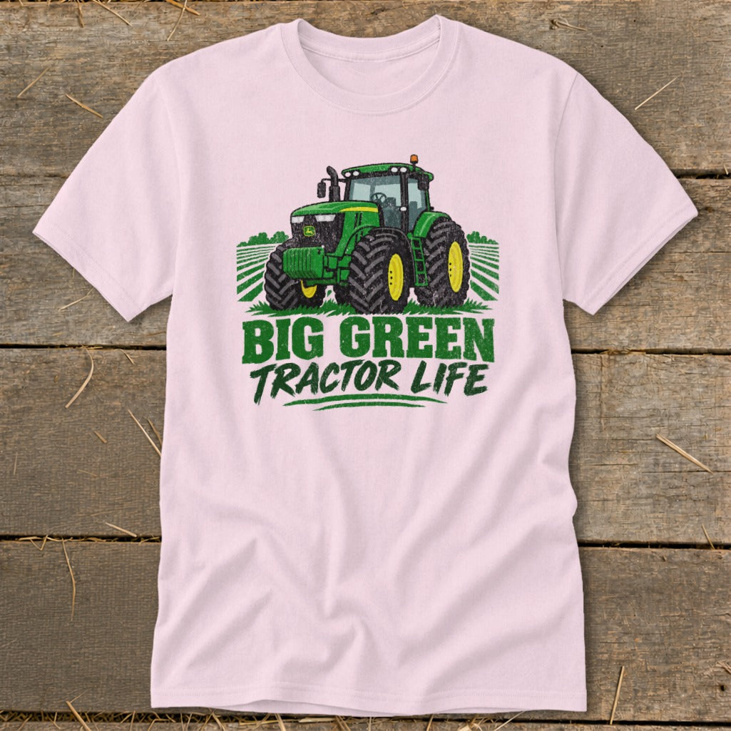Pink t-shirt with green tractor graphic and text "BIG GREEN TRACTOR LIFE".