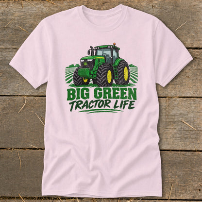 Pink t-shirt with green tractor graphic and text "BIG GREEN TRACTOR LIFE".