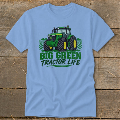 Light blue t-shirt with a green tractor graphic and "Big Green Tractor Life" text.