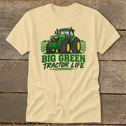 Cream t-shirt with a green tractor and "BIG GREEN TRACTOR LIFE" text.