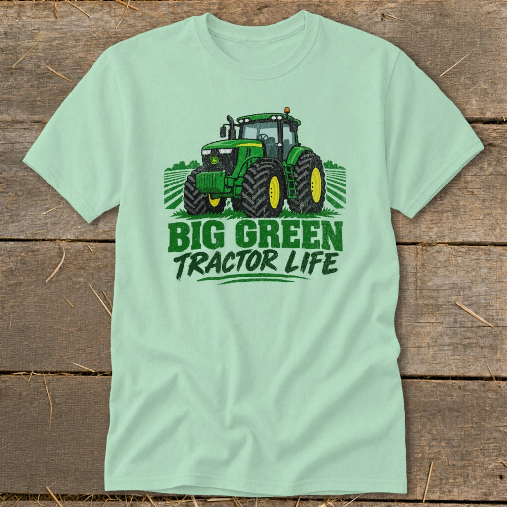 Light green t-shirt with green tractor and "BIG GREEN TRACTOR LIFE" text.