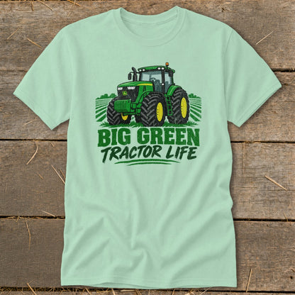 Light green t-shirt with green tractor and "BIG GREEN TRACTOR LIFE" text.